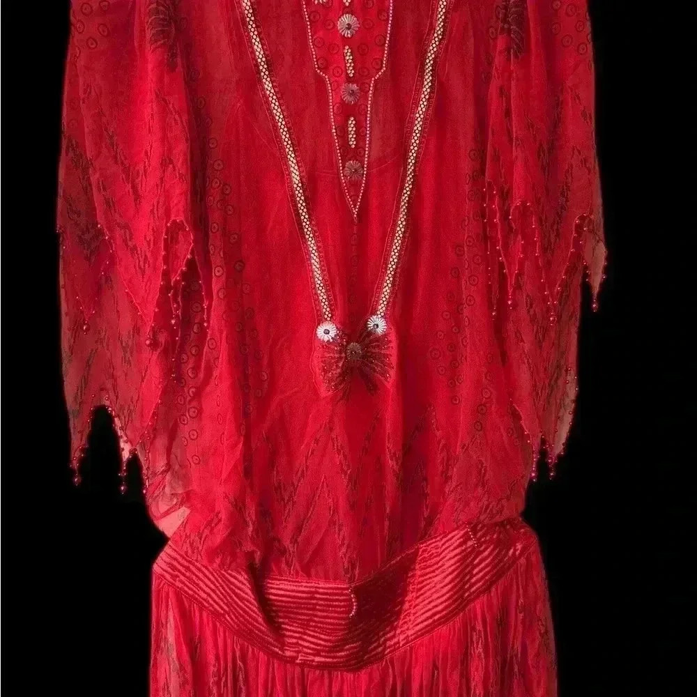 Zandra Rhodes Scarlet Red Silk Printed BoHo Gown with Beadwork Embellishment - Picture 4 of 5